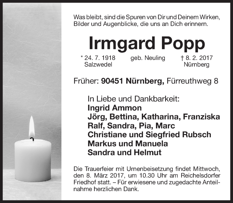  Traueranzeige für Irmgard Popp vom 04.03.2017 aus Gesamtausgabe Nürnberger Nachrichten/ Nürnberger Ztg.