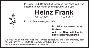 Traueranzeige von Heinz Frank von Gesamtausgabe Nürnberger Nachrichten/ Nürnberger Ztg.