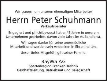 Traueranzeige von Peter Schuhmann von Nordbayerische Nachrichten Forchheim Lokal