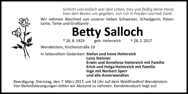  Traueranzeige für Betty Salloch vom 04.03.2017 aus Schwabach