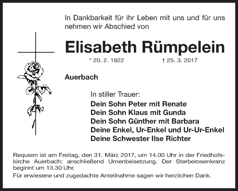  Traueranzeige für Elisabeth Rümpelein vom 28.03.2017 aus Nordbayerische Nachrichten Pegnitz Lokal