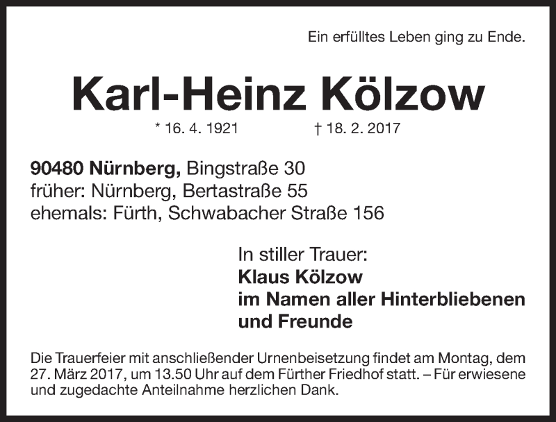  Traueranzeige für Karl-Heinz Kölzow vom 22.03.2017 aus Gesamtausgabe Nürnberger Nachrichten/ Nürnberger Ztg./ Fürther Nachrichten
