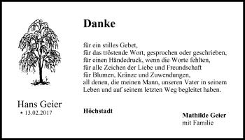 Traueranzeige von Hans Geier von Nordbayerische Nachrichten Herzogenaurach Lokal