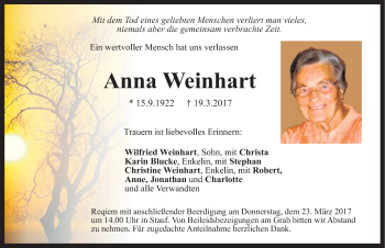 Traueranzeige von Anna Weinhart von Neumarkter Nachrichten Lokal