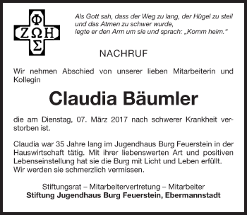Traueranzeige von Claudia Bäumler von Nordbayerische Nachrichten Forchheim Lokal