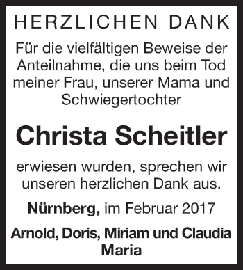 Traueranzeige von Christa Scheitler von Gesamtausgabe Nürnberger Nachrichten/ Nürnberger Ztg.