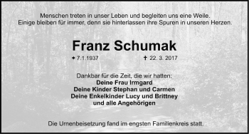 Traueranzeige von Franz Schumak von Nordbayerische Nachrichten Herzogenaurach Lokal