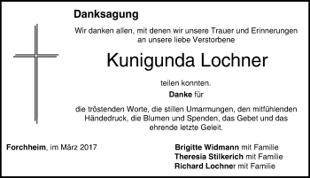Traueranzeige von Kunigunda Lochner von Nordbayerische Nachrichten Forchheim Lokal