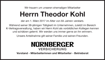 Traueranzeige von Theodor Kohl von Gesamtausgabe Nürnberger Nachrichten/ Nürnberger Ztg.