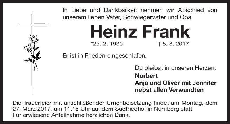  Traueranzeige für Heinz Frank vom 18.03.2017 aus Gesamtausgabe Nürnberger Nachrichten/ Nürnberger Ztg.