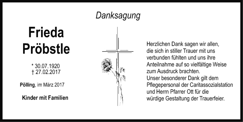  Traueranzeige für Frieda Pröbstle vom 25.03.2017 aus Neumarkter Nachrichten Lokal