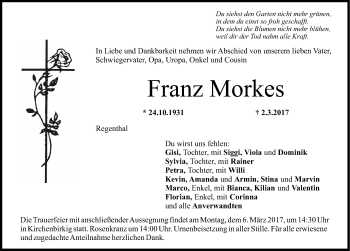 Traueranzeige von Franz Morkes von Nordbayerische Nachrichten Pegnitz Lokal