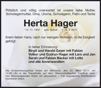 Traueranzeige von Herta Hager von Gesamtausgabe Nürnberger Nachrichten/ Nürnberger Ztg./ Fürther Nachrichten