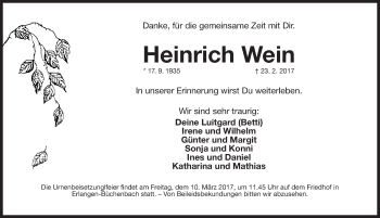 Traueranzeige von Heinrich Wein von Erlanger Nachrichten Lokal