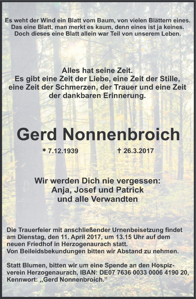  Traueranzeige für Gerd Nonnenbroich vom 01.04.2017 aus Nordbayerische Nachrichten Herzogenaurach Lokal