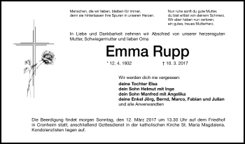 Traueranzeige von Emma Rupp von Altmühl-Bote Lokal