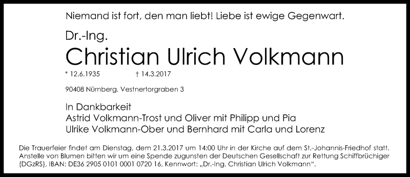  Traueranzeige für Christian Ulrich Volkmann vom 18.03.2017 aus Gesamtausgabe Nürnberger Nachrichten/ Nürnberger Ztg.