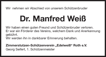 Traueranzeige von Manfred Weiß von Roth-Hilpoltsteiner Volkszeitung Lokal