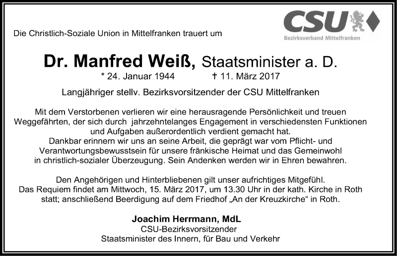  Traueranzeige für Manfred Weiß vom 15.03.2017 aus Gesamtausgabe Nürnberger Nachrichten/ Nürnberger Ztg.