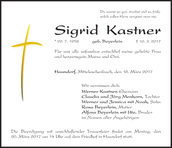 Traueranzeige von Sigrid Kastner von Altmühl-Bote Lokal