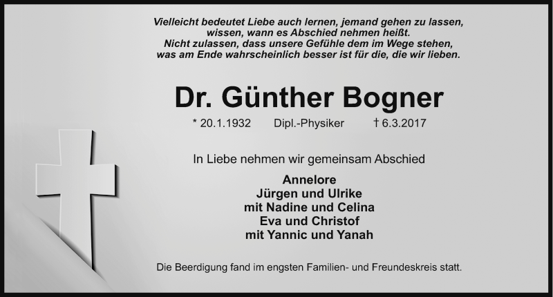  Traueranzeige für Günther Bogner vom 18.03.2017 aus Gesamtausgabe Nürnberger Nachrichten/ Nürnberger Ztg./ Erlanger Nachrichten