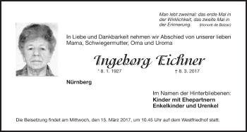Traueranzeige von Ingeborg Eichner von Gesamtausgabe Nürnberger Nachrichten/ Nürnberger Ztg.