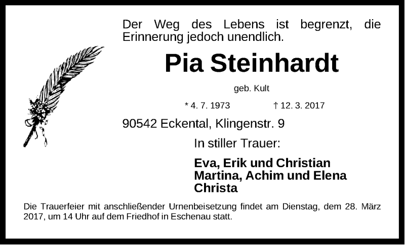  Traueranzeige für Pia Steinhardt vom 25.03.2017 aus Gesamtausgabe Nürnberger Nachrichten/ Nürnberger Ztg.