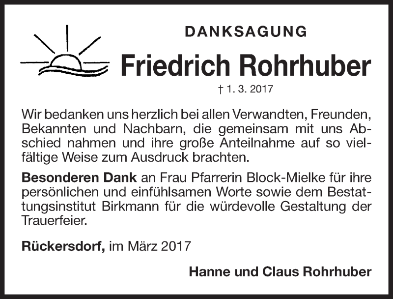  Traueranzeige für Friedrich Rohrhuber vom 25.03.2017 aus Gesamtausgabe Nürnberger Nachrichten/ Nürnberger Ztg.