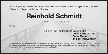 Traueranzeige von Reinhold Schmidt von Gesamtausgabe Nürnberger Nachrichten/ Nürnberger Ztg./ Fürther Nachrichten