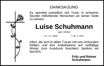 Traueranzeige von Luise Schuhmann von Gesamtausgabe Nürnberger Nachrichten/ Nürnberger Ztg.