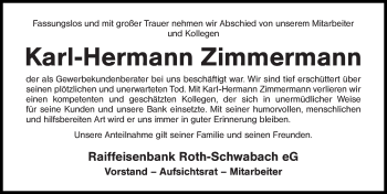 Traueranzeige von Karl-Hermann Zimmermann von Roth-Hilpoltsteiner Volkszeitung Lokal