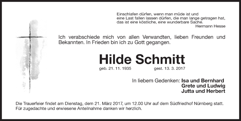  Traueranzeige für Hilde Schmitt vom 17.03.2017 aus Gesamtausgabe Nürnberger Nachrichten/ Nürnberger Ztg.