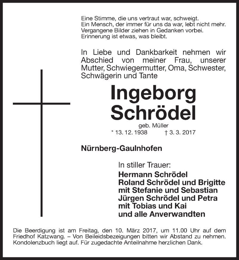  Traueranzeige für Ingeborg Schrödel vom 07.03.2017 aus Gesamtausgabe Nürnberger Nachrichten/ Nürnberger Ztg.