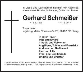 Traueranzeige von Gerhard Schmeißer von Gesamtausgabe Nürnberger Nachrichten/ Nürnberger Ztg.