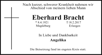 Traueranzeige von Eberhard Bracht von Gesamtausgabe Nürnberger Nachrichten/ Nürnberger Ztg.