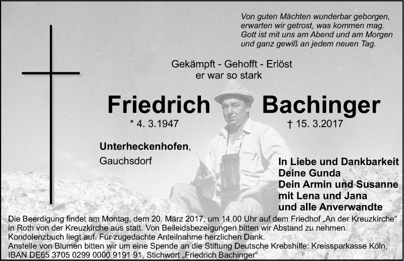  Traueranzeige für Friedrich Bachinger vom 18.03.2017 aus Roth-Hilpoltsteiner Volkszeitung Lokal