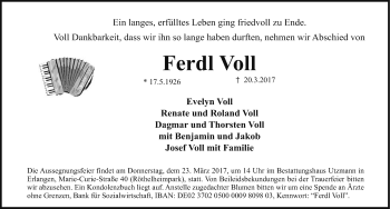 Traueranzeige von Ferdl Voll von Nordbayerische Nachrichten Herzogenaurach Lokal