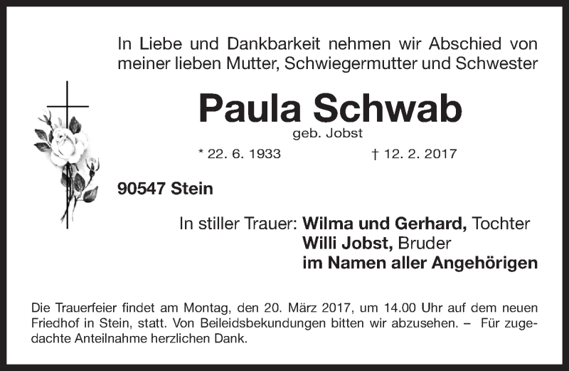  Traueranzeige für Paula Schwab vom 18.03.2017 aus Gesamtausgabe Nürnberger Nachrichten/ Nürnberger Ztg.