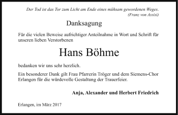 Traueranzeige von Hans Böhme von Erlanger Nachrichten Lokal