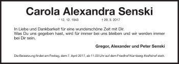 Traueranzeige von Carola Alexandra Senski  von Gesamtausgabe Nürnberger Nachrichten/ Nürnberger Ztg.