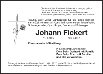 Traueranzeige von Johann Fickert von Nordbayerische Nachrichten Forchheim Lokal