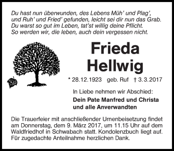 Traueranzeige von Frieda Hellwig von Roth-Hilpoltsteiner Volkszeitung Lokal