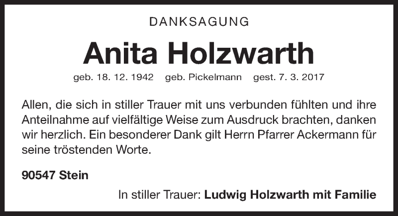  Traueranzeige für Anita Holzwarth vom 18.03.2017 aus Gesamtausgabe Nürnberger Nachrichten/ Nürnberger Ztg.