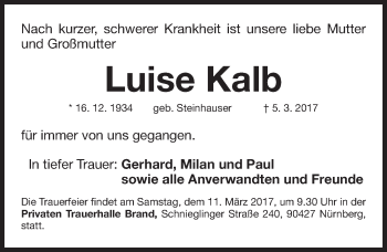Traueranzeige von Luise Kalb von Gesamtausgabe Nürnberger Nachrichten/ Nürnberger Ztg.