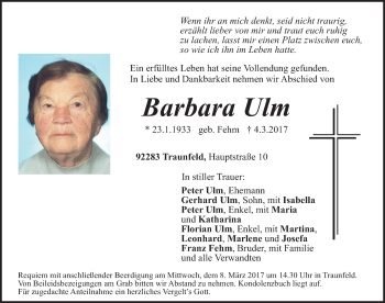Traueranzeige von Barbara Ulm von Neumarkter Nachrichten Lokal