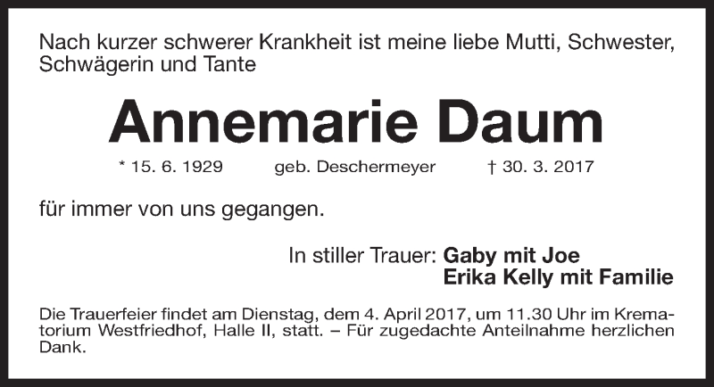  Traueranzeige für Annemarie Daum vom 01.04.2017 aus Gesamtausgabe Nürnberger Nachrichten/ Nürnberger Ztg.