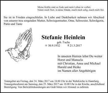 Traueranzeige von Stefanie Heinlein von Erlanger Nachrichten Lokal