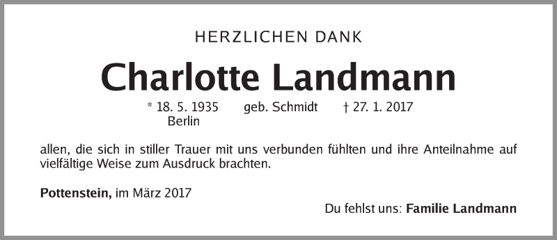  Traueranzeige für Charlotte Landmann vom 25.03.2017 aus Nordbayerische Nachrichten Pegnitz Lokal