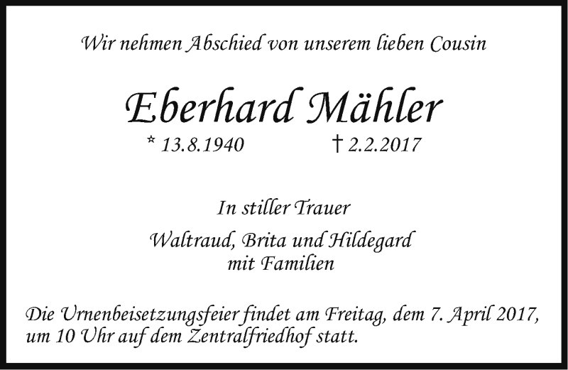  Traueranzeige für Eberhard Mähler vom 01.04.2017 aus Erlanger Nachrichten Lokal