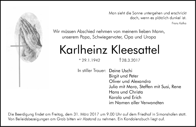  Traueranzeige für Karlheinz Kleesattel vom 30.03.2017 aus Gesamtausgabe Nürnberger Nachrichten/ Nürnberger Ztg.
